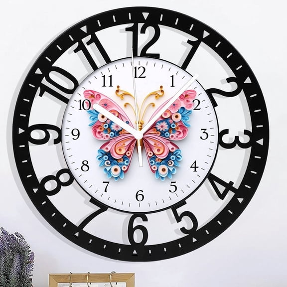 10 Inch Iron Circular Clock , Vibrant Color Butterfly Pattern, Wall Mounted Clock, Analog Wall Clock Decorative Elegant Wall Clock for Kitchen, Bedroom, Wall Decor Iron Circular Clock