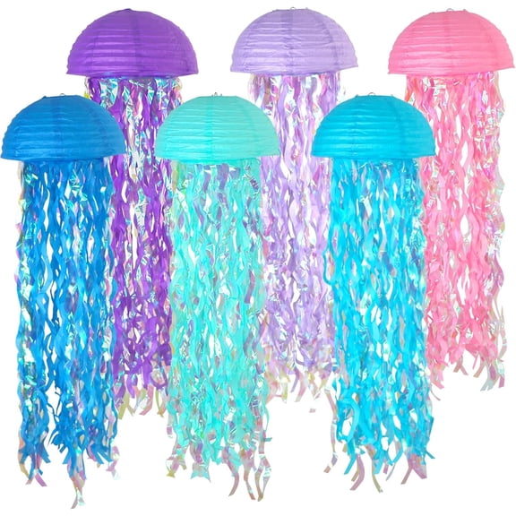 10 Inch Jellyfish Paper Lanterns 6 Pack, Hanging Decor for Under The Sea Party Decorations, Ocean Themed Birthday Supplies, Mermaid Baby Shower, Nautical Event and Classroom Decor