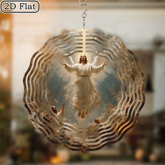10-Inch Jesus White Wings Wind Spinner - 3D Kinetic Garden Sculpture, Reflective Outdoor Patio Decor, No Power Needed, Includes Swivel Hook