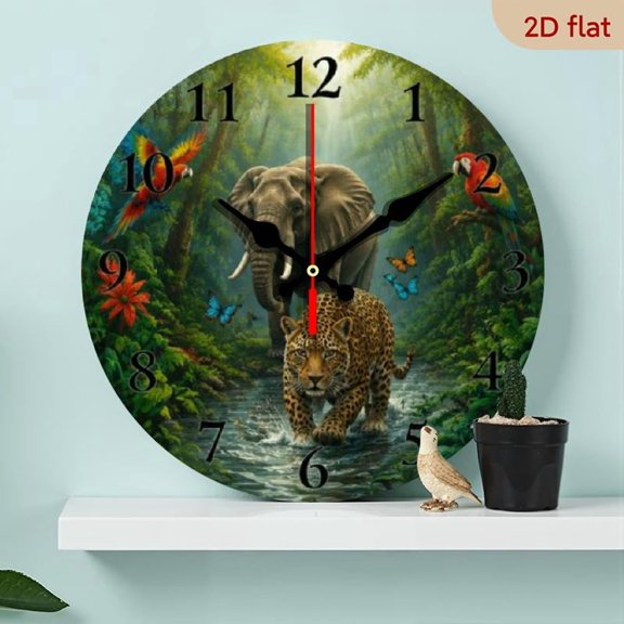 10 Inch Jungle Animal Silent Wall Clock, Wooden Waterfall Print Decor for Living Room and Bedroom, Thoughtful Gift for Easter, Ramadan, Valentine' s Day (AA Batteries Not Included)