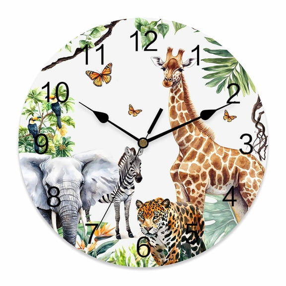 10 Inch Jungle Animals Wall Clock, Giraffe Zebra Elephant Tiger Hawaii Tropical Plant Battery Operated Silent Non Ticking Clocks, Easy to Read Round Wall Clock for Kitchen/Living Room/Bedroom