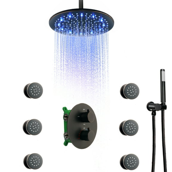 10 Inch LED Rain Shower Head System With Body Jets And Handheld, Luxury Thermostatic Bathroom Shower Faucet Combo Set (Round, Oil Rubbed Bronze)