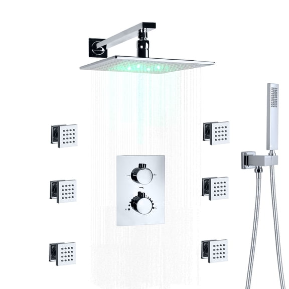 10 Inch LED Rain Shower Head System With Body Jets And Handheld, Luxury Thermostatic Bathroom Shower Faucet Combo Set (Square, Chrome Polished)