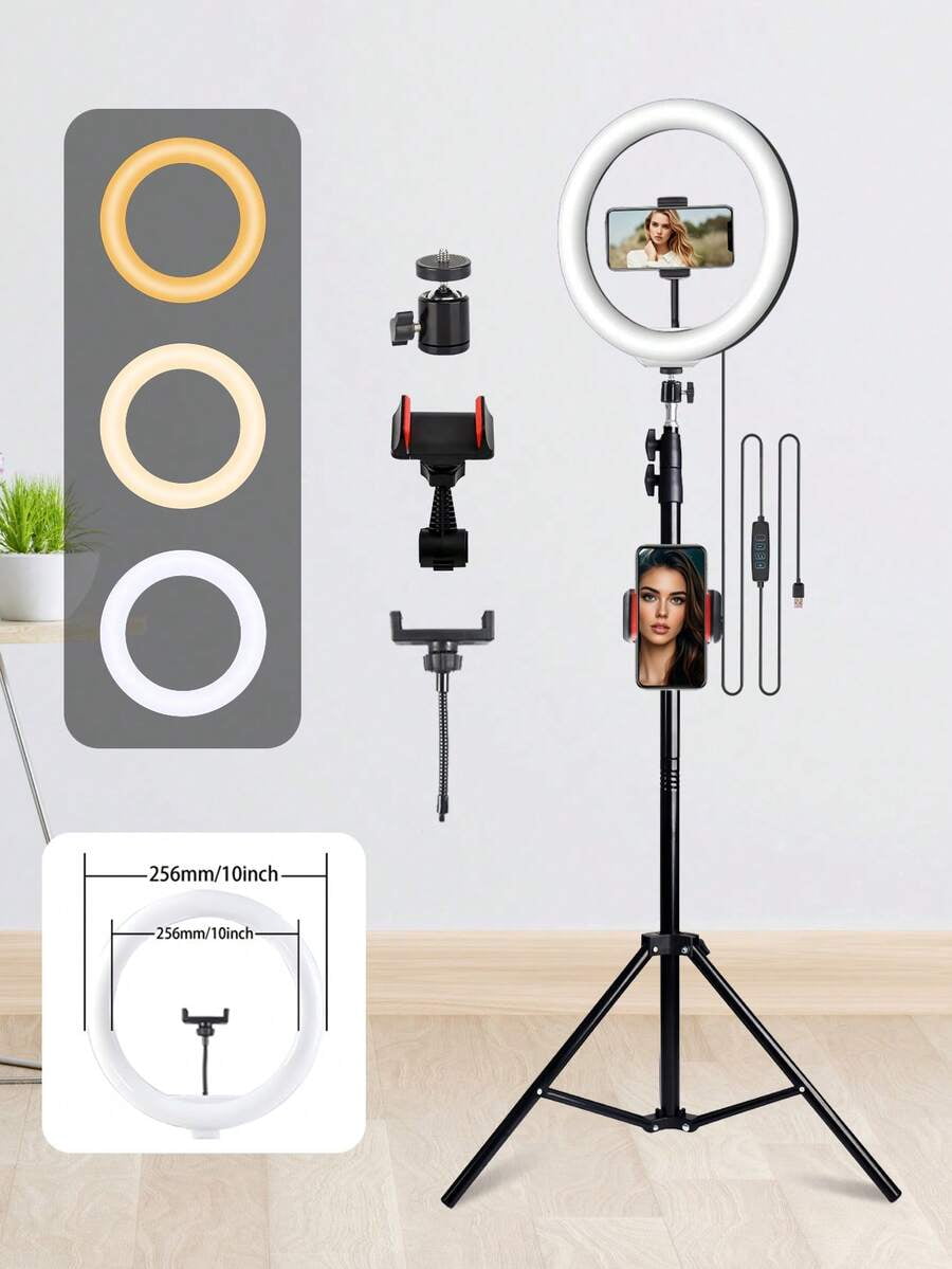 10 Inch LED Ring Light with 43" Tripod, 2 Phone Holders, 3 Color Modes, Adjustable Brightness, USB Powered for Live Streaming, Video Conferencing, Selfies, Makeup -Includes Flexible Tripod & 2 Stands