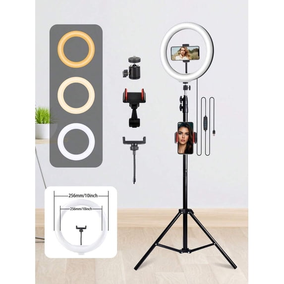 10-Inch LED Ring Light | LED Selfie Ring Light | Live Streaming Light, With 63-Inch Tripod And 2 Phone Holders | 3 Color Modes, Adjustable Brightness, USB Powered | Ideal For Makeup, Live Streaming,