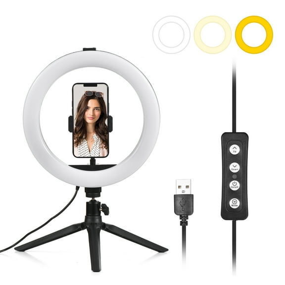 10 Inch LED Ring Light Video Conference Lighting 3 Lighting Modes 11 Levels Adjustable Brightness USB Powered With Desktop Tripod + Flexible Phone Holder + Ballhead Adapter For