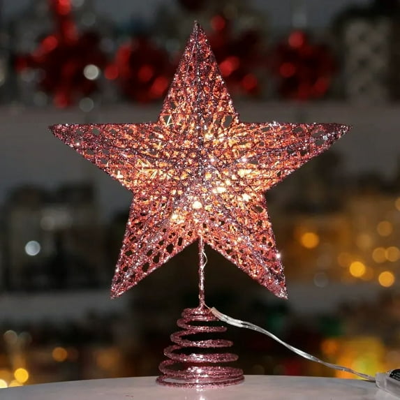 10 Inch LED Star Tree Topper - Pink Metal Ornament with Lights for Christmas Tree Decoration Christmas Tree Topper, Gold Glitter Hollow 5-Point