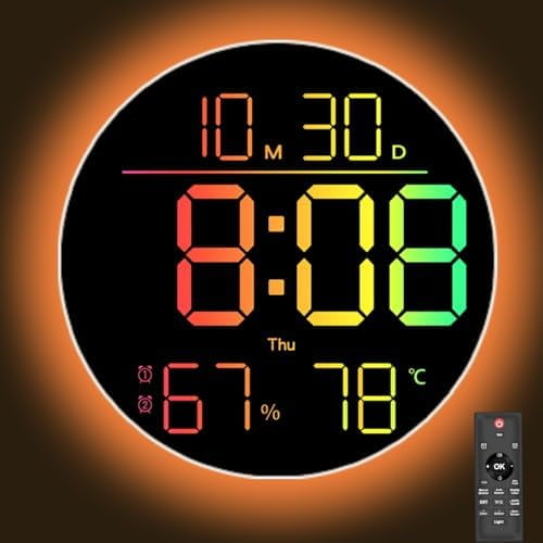 10 Inch LED Wall Clock with RGB Ambient Light, Auto-Dimming, RGB Color/Time/Date/Temp/Humidity Display, Dual Alarms & Timer, Adjustment Brightness,Digital Round Clock for Bedroom Classroom