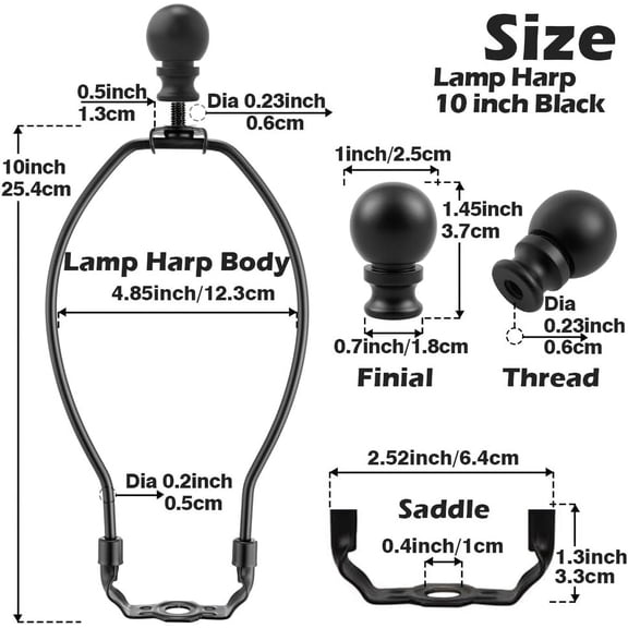 10 Inch Lamp Harp, Black 2 Set Lamp Harps and Finial, Metal Lamp Shade Harp Holder, DIY Detachable Lampshade Bracket Adapter Hardware, Replacement Table & Floor Light Accessories Parts Repair