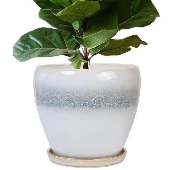 Epfamily 10-Inch White & Grey Two-Tone Ceramic Planter with Saucer | Large Modern Indoor Outdoor Pot for Floor Plants & Patio