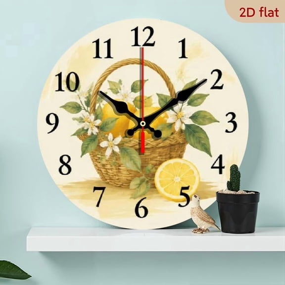 10 Inch Lemon Wall Clock, Silent Non-Ticking Wooden Timepiece for Bedroom Living Room Kitchen Office Decor, Battery Operated