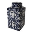 thumbnail image 1 of 10 Inch Lidded Jar, Porcelain Construction, Deep Blue Graphic Trellis- Saltoro Sherpi, 1 of 5