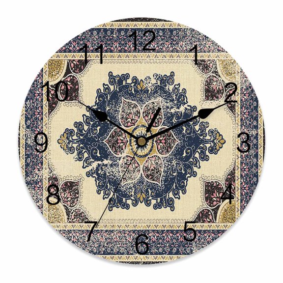 10 Inch Light Beige Blue Flower Wall Clock, Medieval Ethnic Turkish Retro Battery Operated Silent Non Ticking Clocks, Easy to Read Round Wall Clock for Kitchen/Living Room/Bedroom/Bathroom
