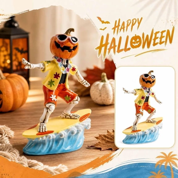 10 Inch Light Up Jack O Lantern Surfing Skeleton Halloween Decor for Tabletop Mantel Entryway Great Gift for Halloween Party Fun Tropical Halloween Pumpkin Decoration