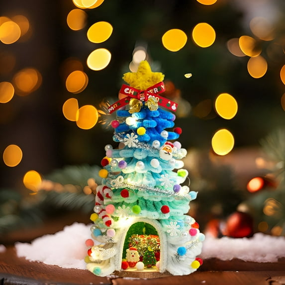 10 Inch Lighted Christmas Tree with 20 LED Lights, Pre-Decorated Mini Desktop Tree with Colorful Twist Ties, Small Xmas Decor for Bedroom Office Shelf, Battery Operated Holiday Decor