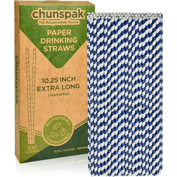 10 Inch Long Disposable Drinking Straws Paper - Navy Blue Striped, 100 Counts - 100% Biodegradable