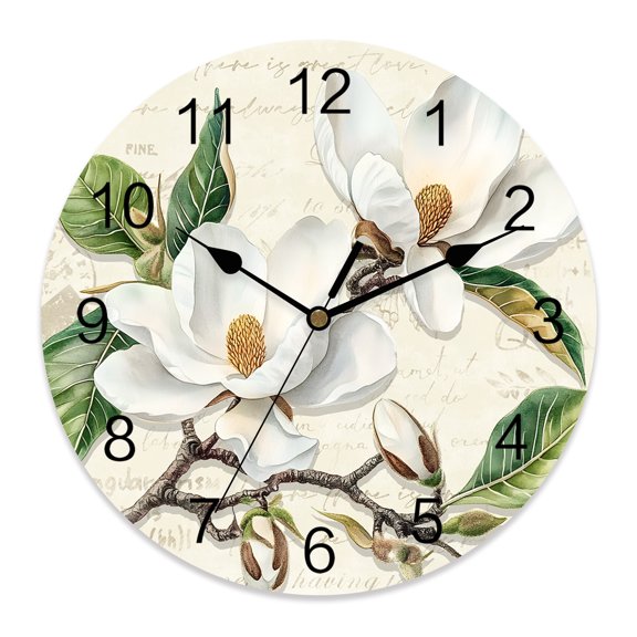 10 Inch Magnolia Flower Wall Clock, Green Leaf Pastoral Retro Background Battery Operated Silent Non Ticking Clocks, Easy to Read Round Wall Clock for Kitchen/Living Room/Bedroom/Bathroom