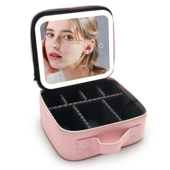 10-Inch Makeup Bag with LED Lighted Mirror - 3 Color Modes, Portable Cosmetic Organizer for Women & Teens (Pink) | Perfect for Travel, Home, and Gift