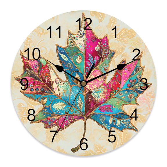 10 Inch Maple Leaf Wall Clock, Medieval Vintage Floral Background Battery Operated Silent Non Ticking Clocks, Easy to Read Round Wall Clock for Kitchen/Living Room/Bedroom/Bathroom