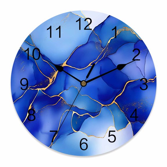 10 Inch Marble Blue Wall Clock, Liquid Gold Foil Glitter Wavy Rock Stone Battery Operated Silent Non Ticking Clocks, Easy to Read Round Wall Clock for Kitchen/Living Room/Bedroom/Bathroom