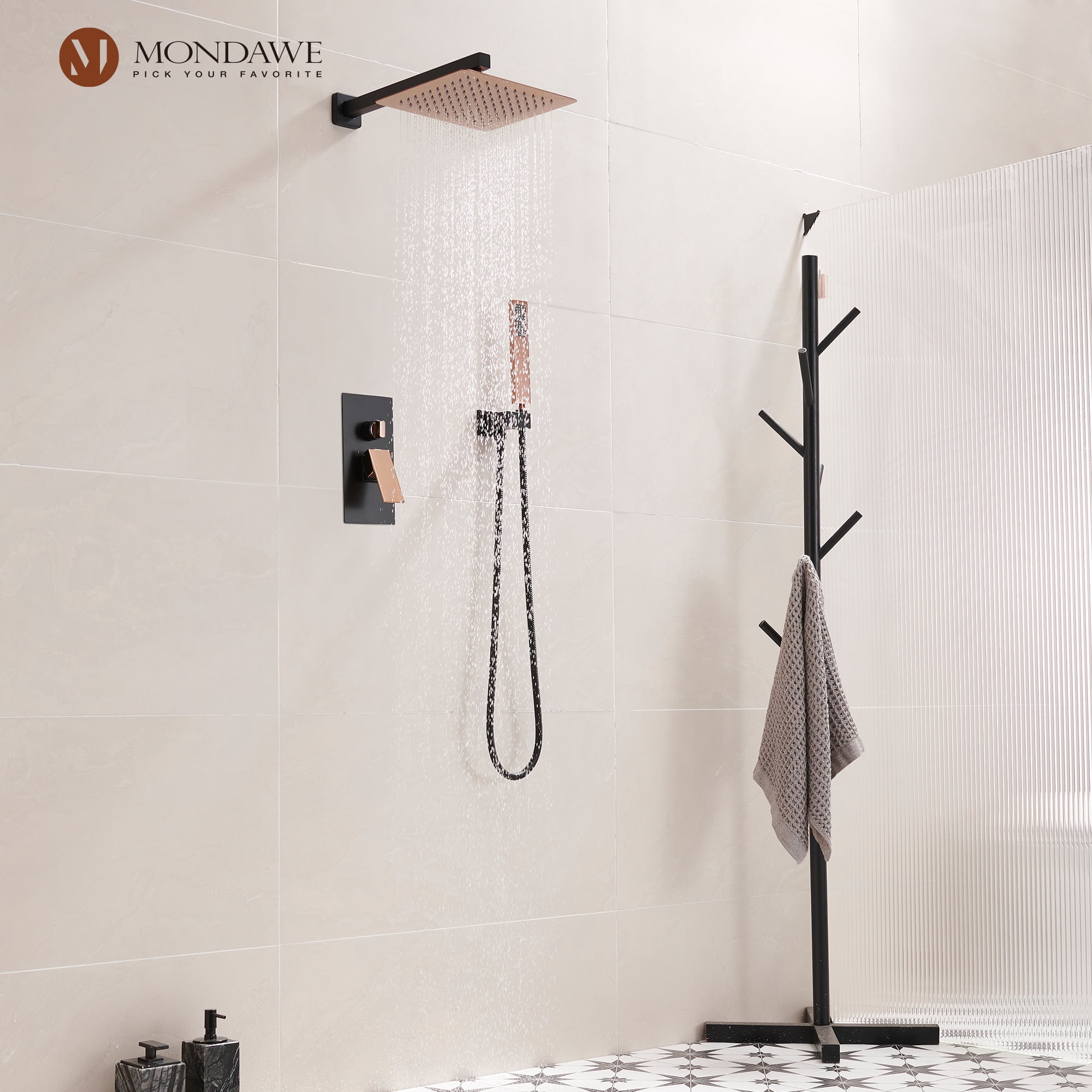 Gold and Black Wall Mounted Rain Shower System with Handheld
