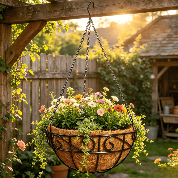 10 Inch Metal Hanging Planter Basket with Coconut Fiber Liner Hanging Plant Flower Pot for Home Garden Patio Decoration,Metal Flat Iron Pattern for Less Watering