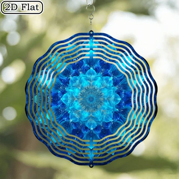 10-Inch Metal Wind Spinner Featuring a Mandala Design in Vibrant Blue Turquoise, Perfect for Rustic Decoration in Gardens, Patios, And Balconies. It Includes a 360-Degree Rotating Hook