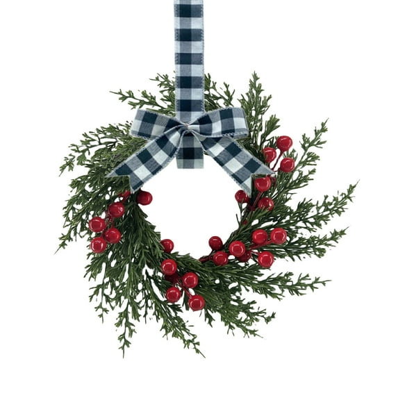 10 Inch Mini Christmas Wreath for Front Door, Kitchen, Cabinet or Window Decor with Red Berries & Ribbon Bow, C, Wreath