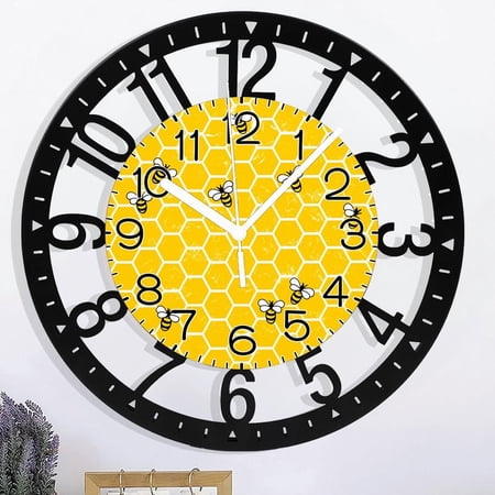 10 Inch Modern Honeycomb And Hard-Working Bee- Pattern Iron Circular Clock for Living Room, Bedroom, Kitchen, Home Decoration, Silent Quartz Clock, Holiday Gift (No Battery)