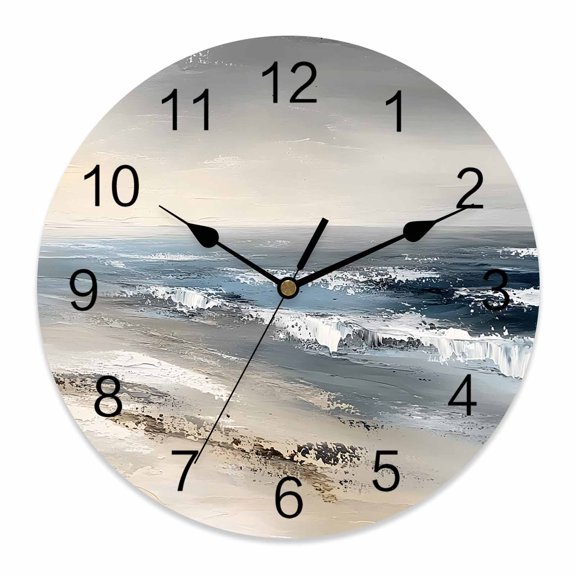 10 Inch Modern Ocean Beach Wave Wall Clock, Abstract Oil Painting Style Battery Operated Silent Non Ticking Clocks, Easy to Read Round Wall Clock for Kitchen/Living Room/Bedroom/Bathroom