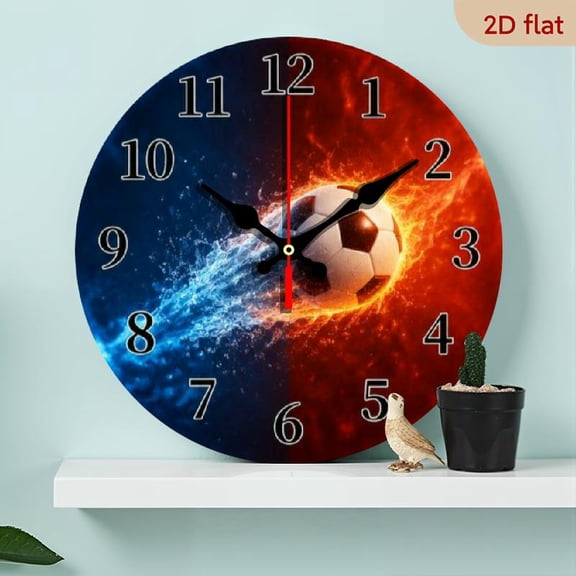 10 Inch Modern Round Wood Clock with Striking Flame & Water Fire Elements - Silent, Non-Ticking Analog Operation - Ideal for Living Room, Bedroom, Kitchen Wall Decor - Perfect BirthdayChr