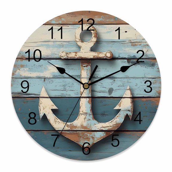 10 Inch Nautical Anchor Wall Clock, Vintage Style Blue Wood Grain Battery Operated Silent Non Ticking Clocks, Easy to Read Round Wall Clock for Kitchen/Living Room/Bedroom/Bathroom