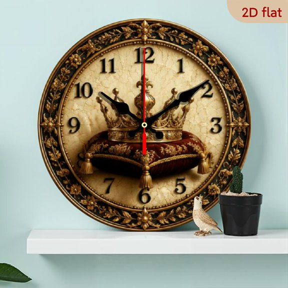 10 Inch Noiseless Wooden Wall Clock, Printed Circular Royal Crown Art, Modern Rustic Style Home Decor for Living Room, Kitchen, Bedroom, Halloween & Christmas (AA Batteries Not Included)