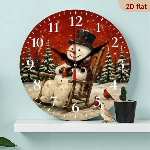 10 Inch Non-Ticking Decorative Christmas Snowman Clock - Wood Style with Red and Black Plaid, Hat and Bird Motif, White Face, Gold Accents