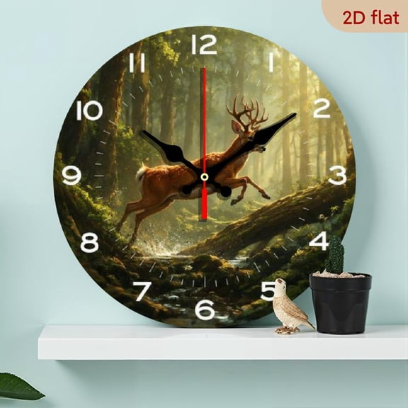 10 Inch Non-Ticking Wall Clock - Enchanted Forest Deer Print - Battery Powered (AA Not Included) Modern Home Accessory, Nature Inspired Holiday Gift