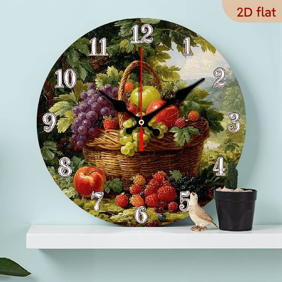 10-Inch Non-Ticking Wall Clock - Vintage Farmhouse Style Featuring a Fruit Arrangement (Grapes, Apples, Berries) - Decorative Wooden Clock for Kitchen, Living Room & Bedroom Requires AA Batter