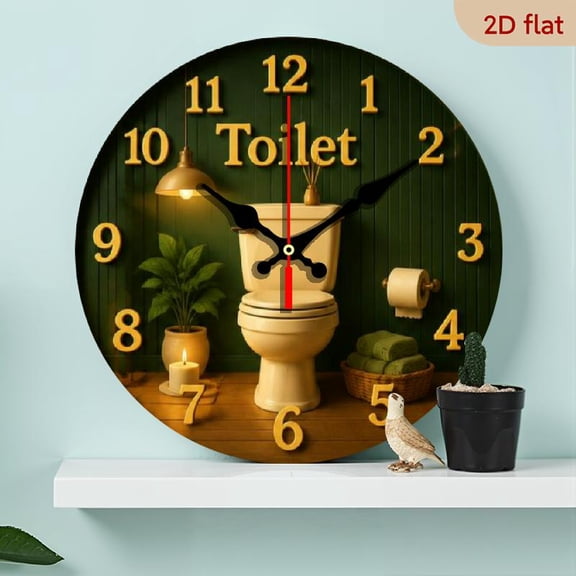 10 Inch Novelty Bathroom Wall Clock with Funny Toilet Quote - Large Easy-Read Round Faux Wood Clock for Washroom Decor, Silent Quartz Movement (Batteries Not Included) - Unique Gag Gift