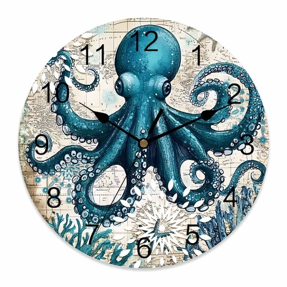10 Inch Octopus Wall Clock, Nautical Navy Blue Kraken Coral Vintage Coastal Map Battery Operated Silent Non Ticking Clocks, Easy to Read Round Wall Clock for Kitchen/Living Room/Bedroom/Bathroom