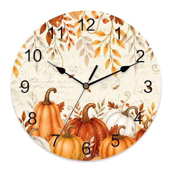10 Inch Orange Red Pumpkins Wall Clock, Fall Harvest Plants Eucalyptus Leaves Country Battery Operated Silent Non Ticking Clocks, Easy to Read Round Wall Clock for Kitchen/Living Room/Bedroom