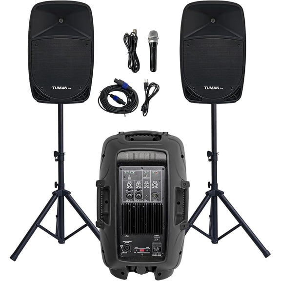 10 Inch PA Speaker System 1000W High Powered Bluetooth Compatible Active + Passive Pair, Karaoke Machine with FM Radio & Remote, Includes 2 Stands, Wired Mic, SD/USB Input for Party, DJ, Wedding