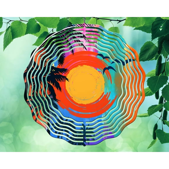 10 Inch Palm Trees Seagulls Sunny Island Wind Spinner Yard Decor Aluminum Sublimated Garden Art Indoor Outdoor 3D Kinetic