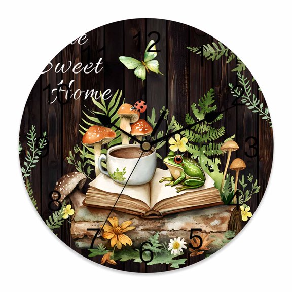 10 Inch Pastoral Plant Wall Clock, Home Sweet Frog Butterfly Coffee Book Battery Operated Silent Non Ticking Clocks, Easy to Read Round Wall Clock for Kitchen/Living Room/Bedroom/Bathroom