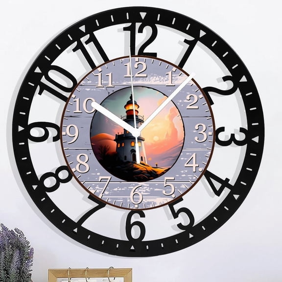 10 Inch Personalized Lighthouse Iron Circular Clock for Living Room, Bedroom, Kitchen, Home Decoration, Silent Quartz Clock, Holiday Gift, (No Battery) Style 10×10inch(25×25cm)