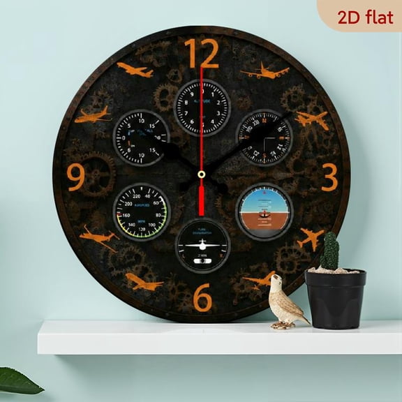 10-Inch Pilot Cockpit Wall Clock - Silent Modern Aircraft Gauge Design, Wooden Round Timepiece for Home Office, Pilot' s Den, Classroom Decor - Excellent Gift for Pilots & Aviators