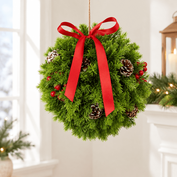 10 Inch Pine Cone Kissing Ball Christmas Ornament with Red Bow