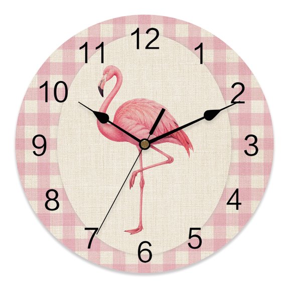 10 Inch Pink Flamingo Wall Clock, Cottagecore Oval Pink Beige Gingham Battery Operated Silent Non Ticking Clocks, Easy to Read Round Wall Clock for Kitchen/Living Room/Bedroom/Bathroom