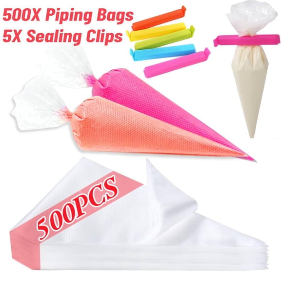10 Inch Piping Bags, 500 Pieces Disposable Decorating Pastry Bags with 5 Pieces Sealing Clips, Large Thickened Plastic Anti-Burst Non-Slip Icing Bags for Cookie and Cake Decorating