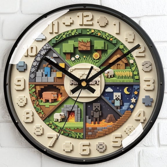 10 Inch Pixel Art Themed Wall Clock with Black Frame & Black Hands, Quiet Sweep Movement Creative Gaming Decor Clock for Game Room Kids Bedroom Office