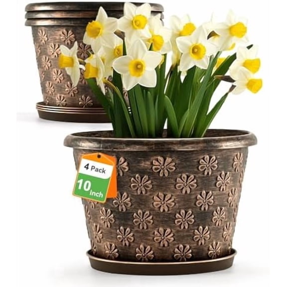 10 Inch Planter Pots for Plants, 4 Pack Plastic Large Flower Pots Indoor Outdoor, Resin Plant Pot with Drainage & Saucer, Retro Decorative Garden Pot with Removable Trays for House