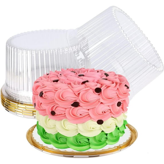 10 Inch Plastic Cake Carriers Gold Cake Containers with Lid and White Cake Boards, Clear Cupcake Holder for 1-2 Layer Cheesecake, Bundt Cake Pie Bakery Supplies(5 Pack)